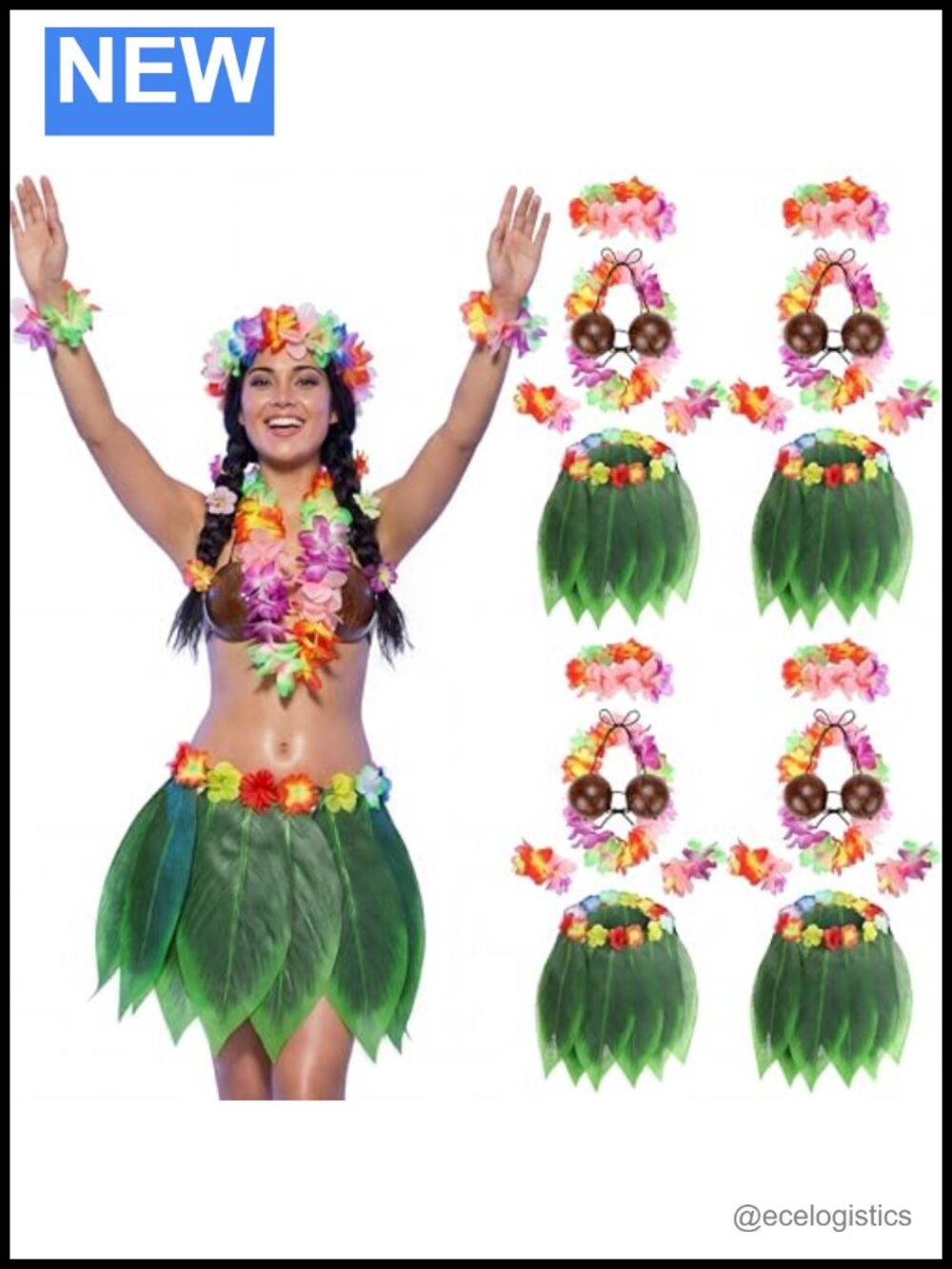 Hawaiian Hula Grass Skirt Set with Coconut Bra for Luau Party